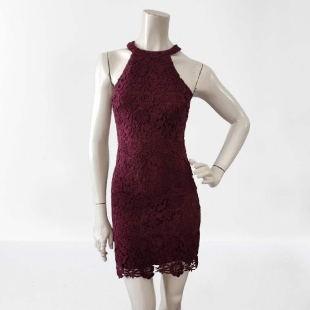 Lulu's Love Poem Dress Womens XS Burgundy Lace Halter Sleeveless